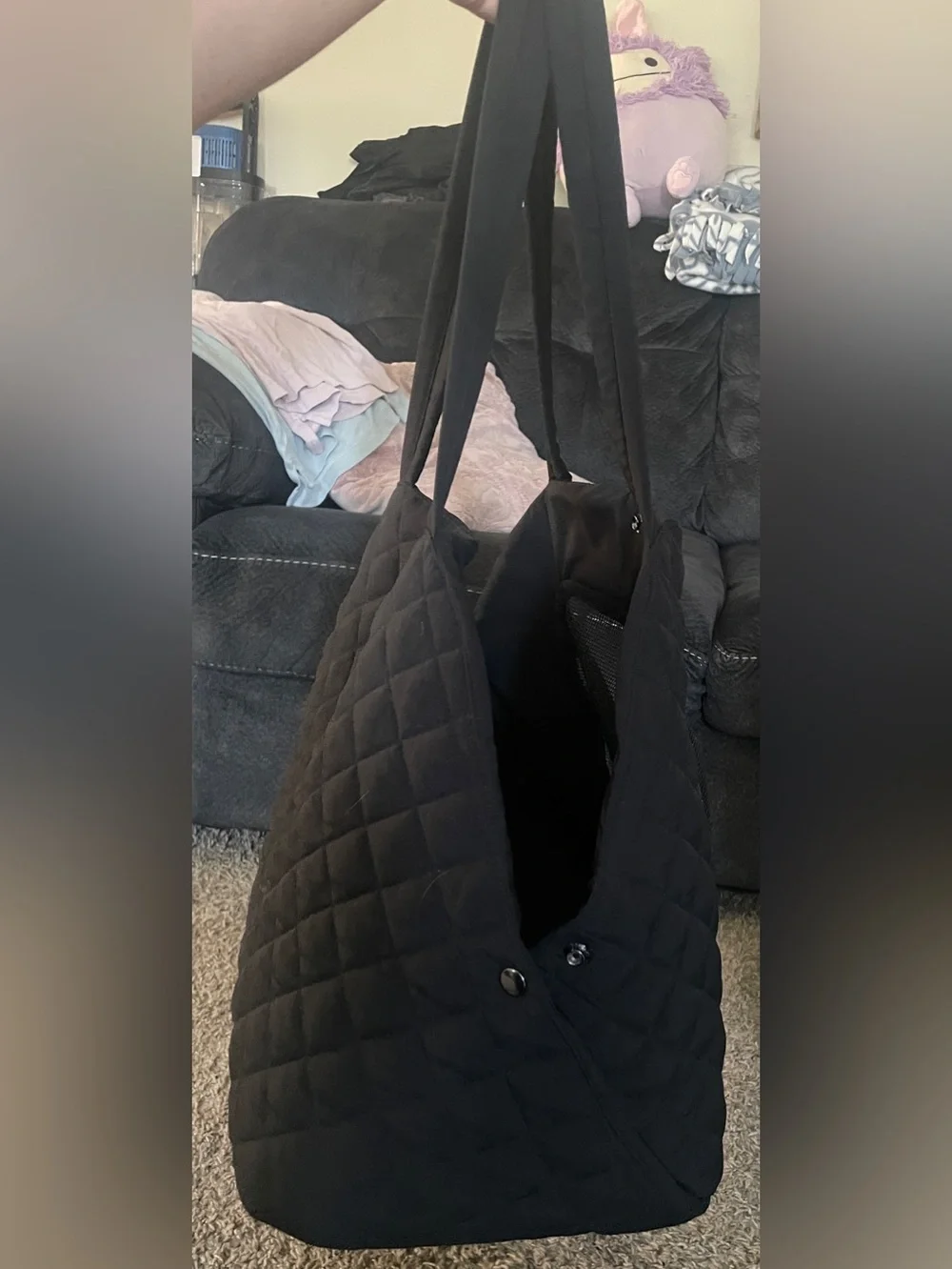 Quilted Black Pet Carrier Tote - Comfortable Travel Bag for small animals